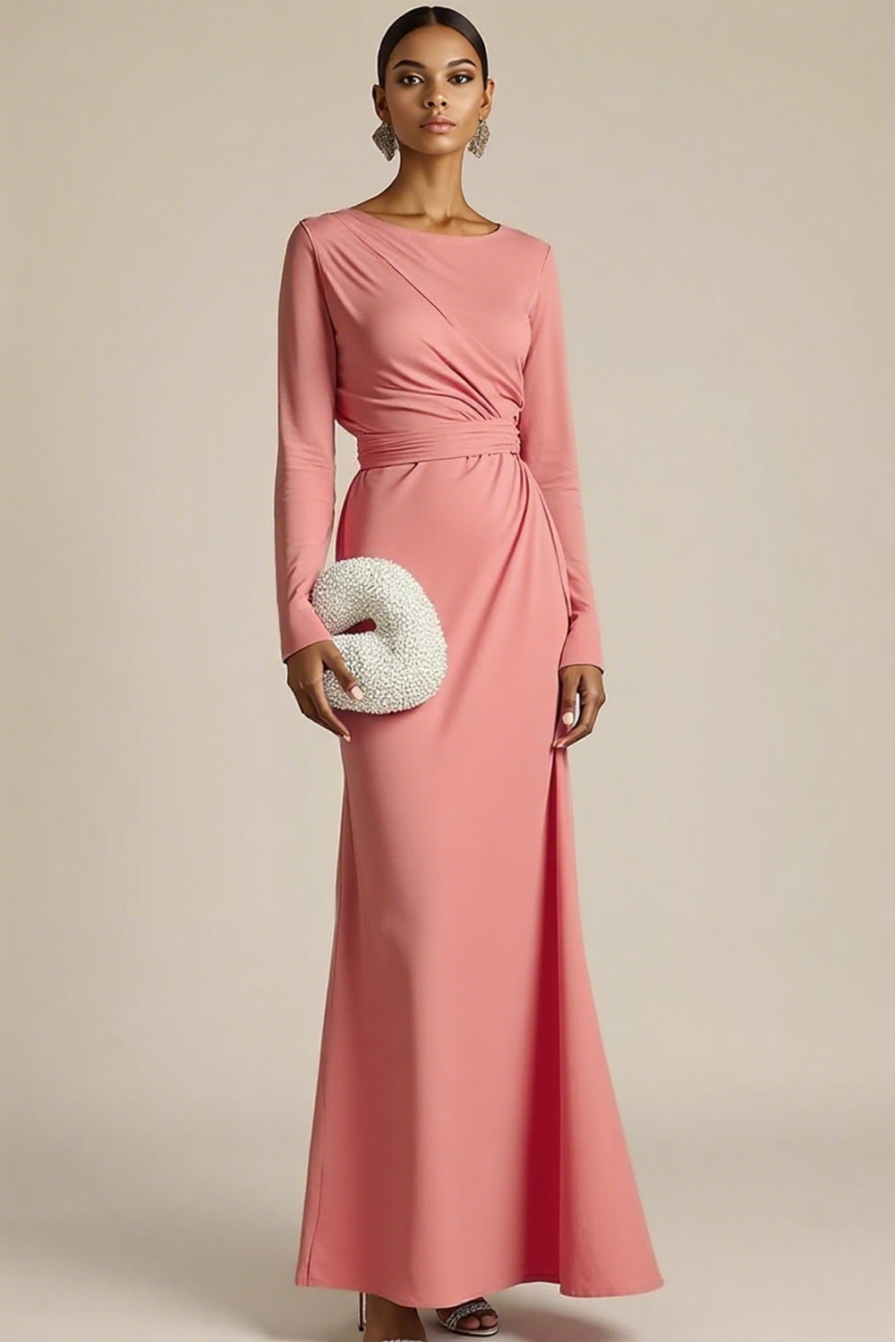 Light Blue Chiffon Round Neck Maxi Formal Dress with Sleeves