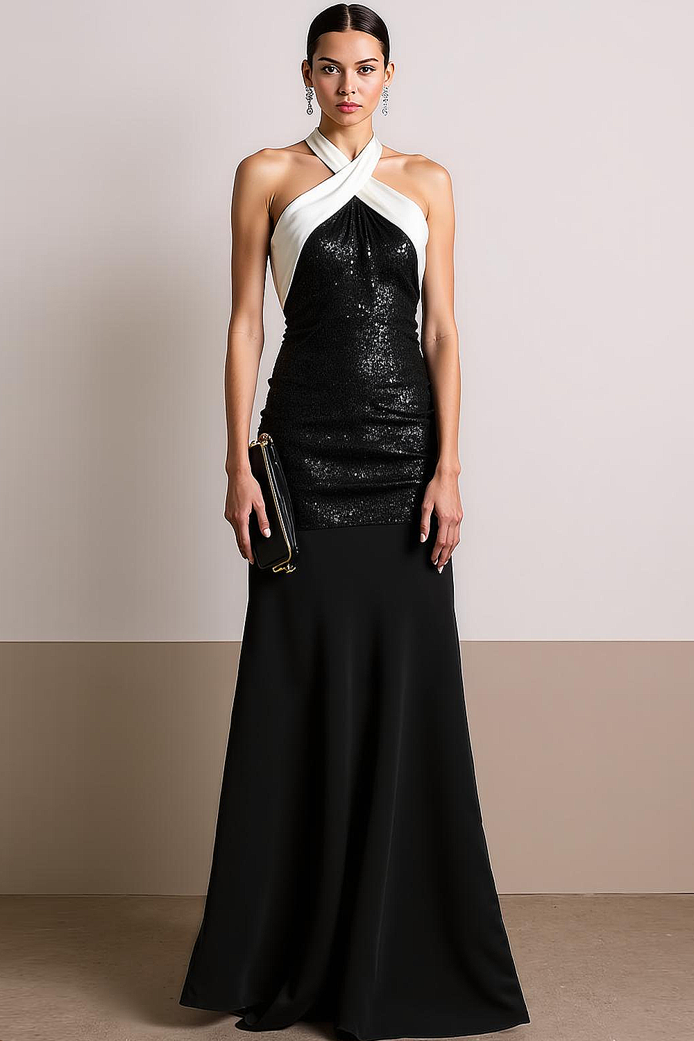 Sparkly Black White Sequin Halter A Line Maxi Evening Dress