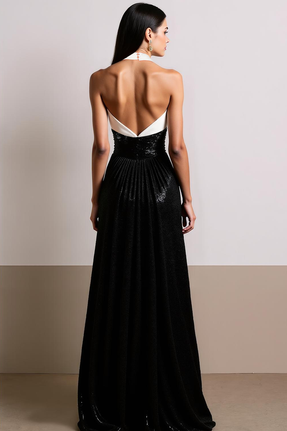 Sparkly Black White Sequin Halter A Line Maxi Evening Dress