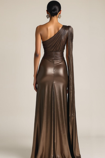 Sparkly Brown One Shoulder Sequin Long Evening Dress with Side Cape