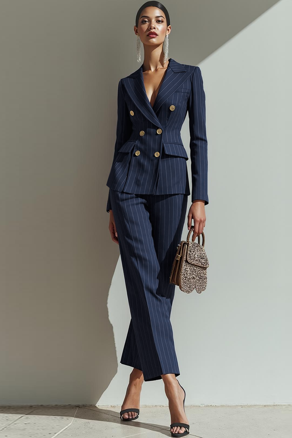 Leely Women Navy Peak Lapel Striped Business Suits Long Sleeves Fitted Trouser Suits with Buttons