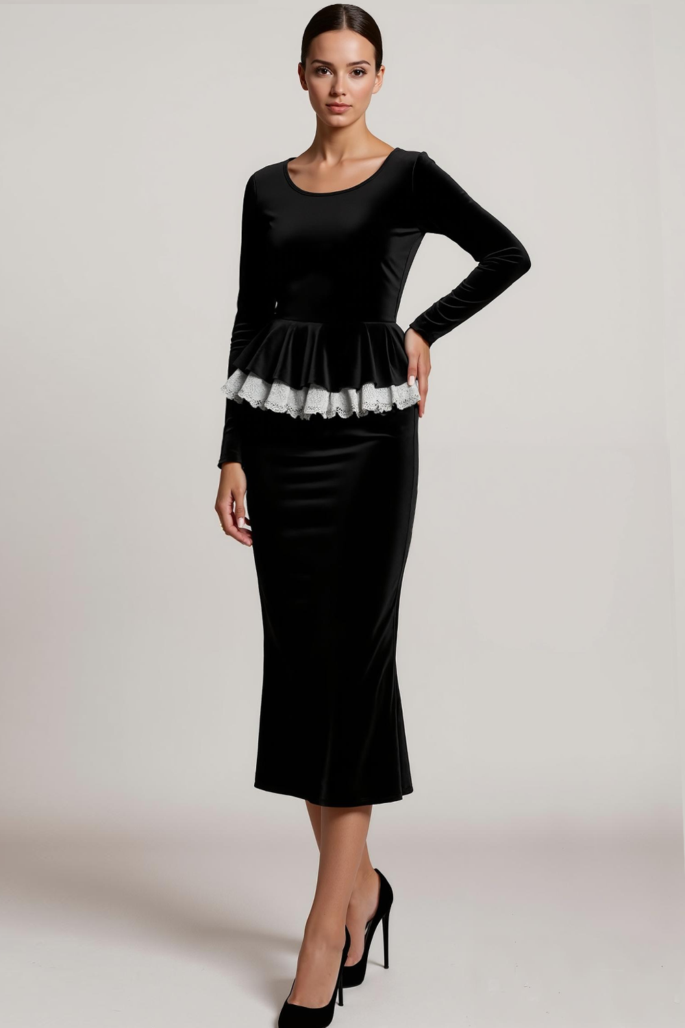 Black 2 Piece Velvet Round Neck Maxi Formal Dress with Sleeves