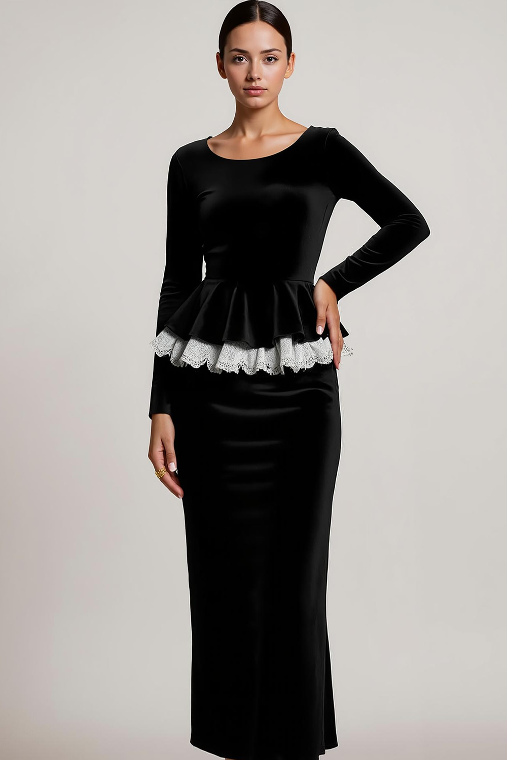 Black 2 Piece Velvet Round Neck Maxi Formal Dress with Sleeves