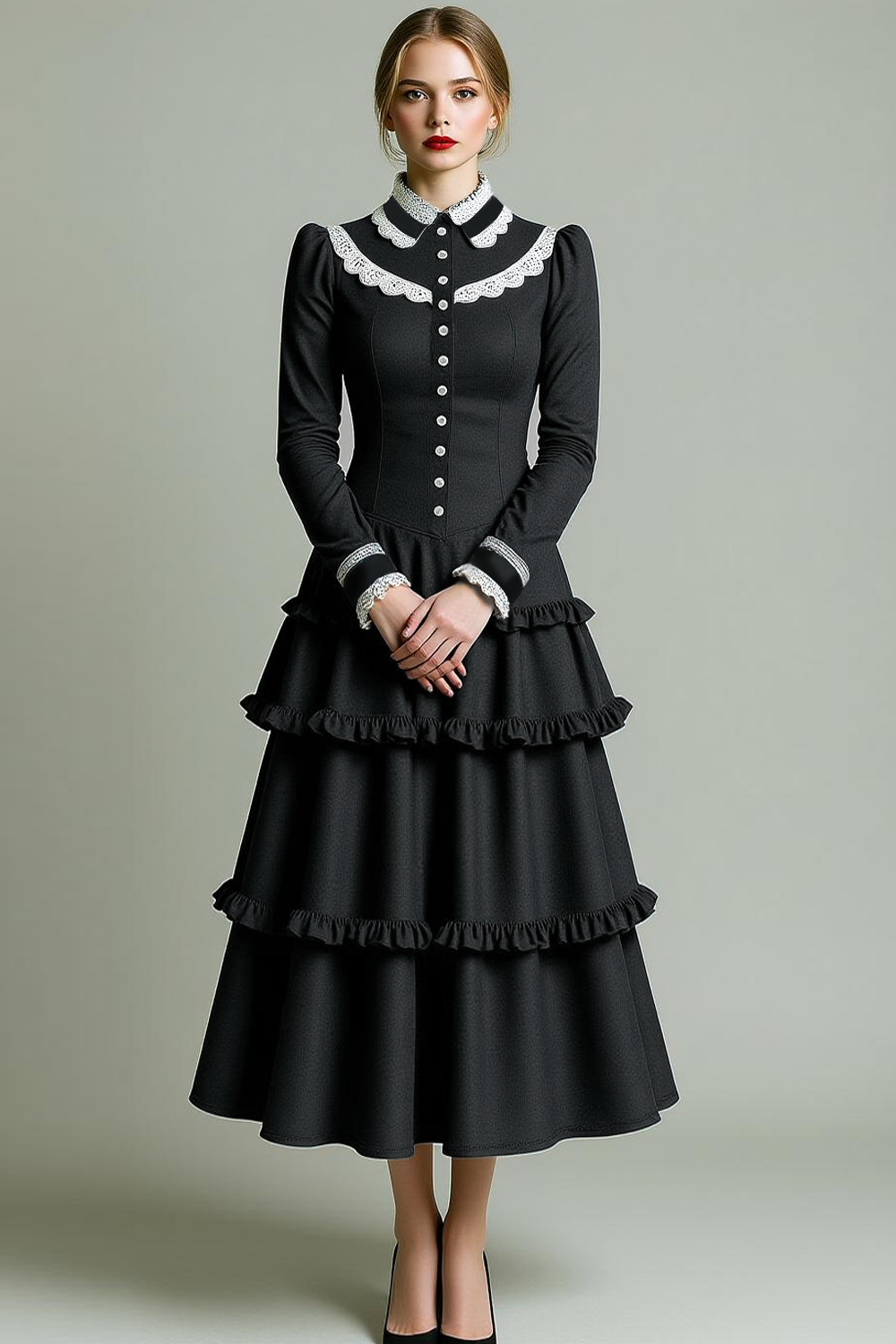 Black White Patchwork A Line Long Evening Dress with Sleeves