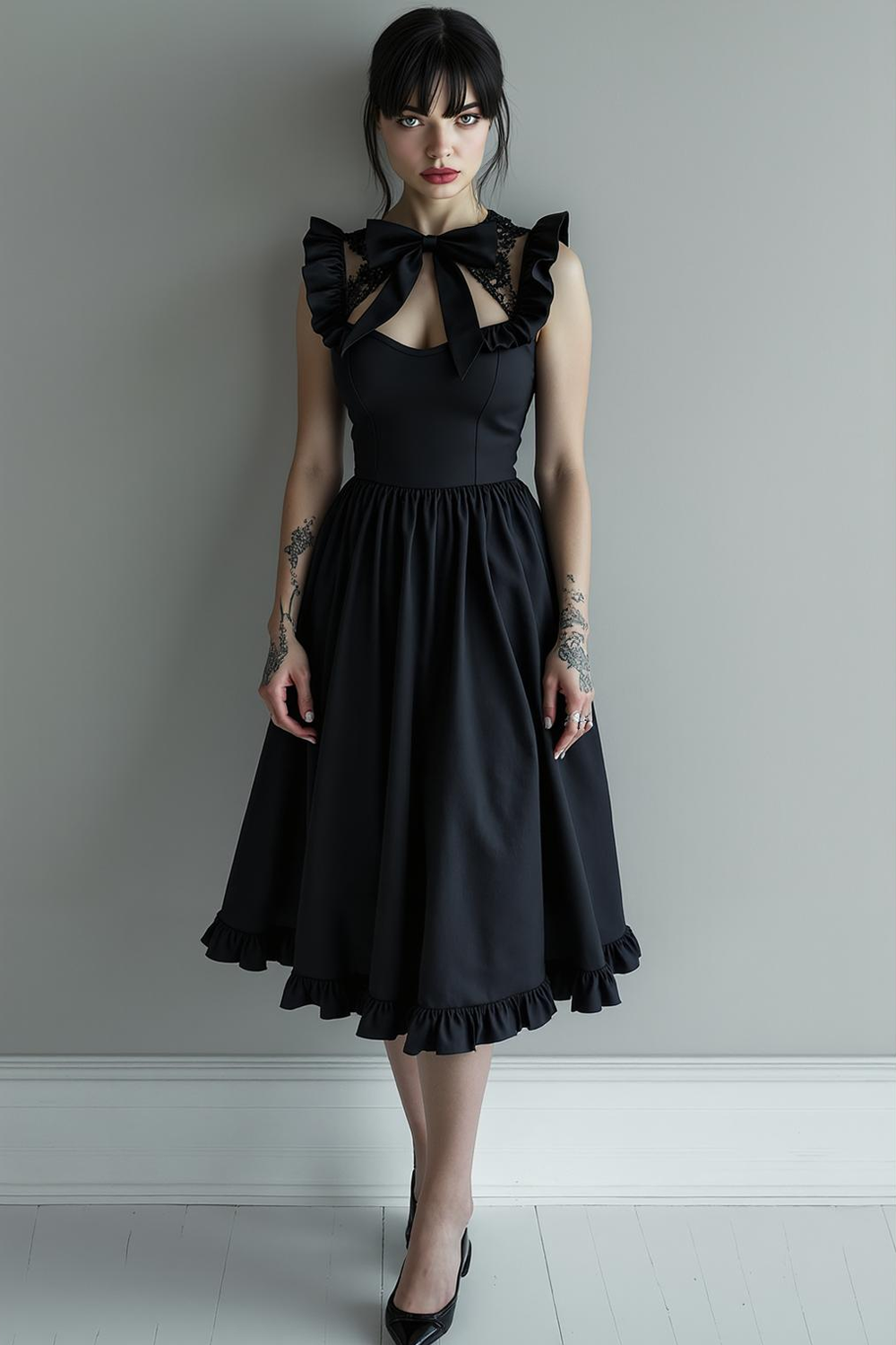 Black A Line Lace Keyhole Midi Evening Dress with Bow