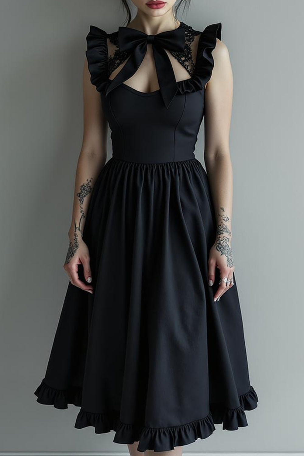 Black A Line Lace Keyhole Midi Evening Dress with Bow