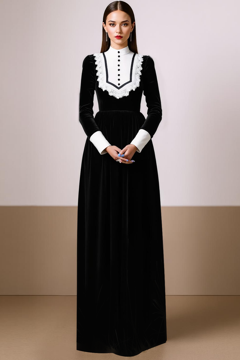 Black White Velvet Maxi Formal Dress with Buttons
