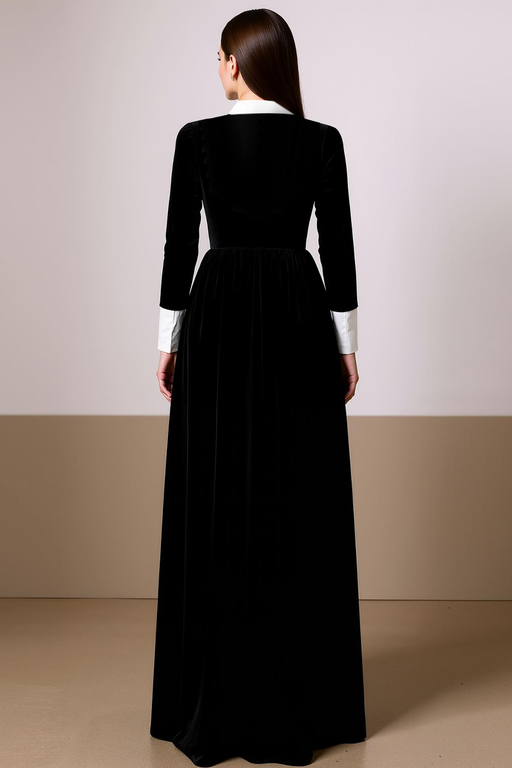 Black White Velvet Maxi Formal Dress with Buttons