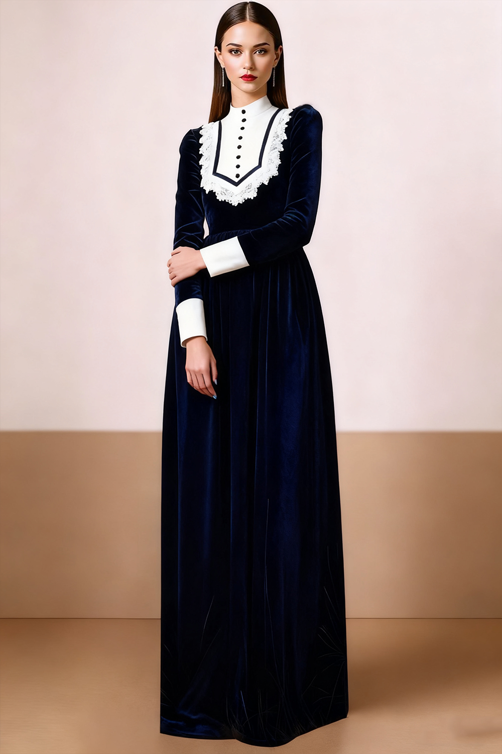 Black White Velvet Maxi Formal Dress with Buttons