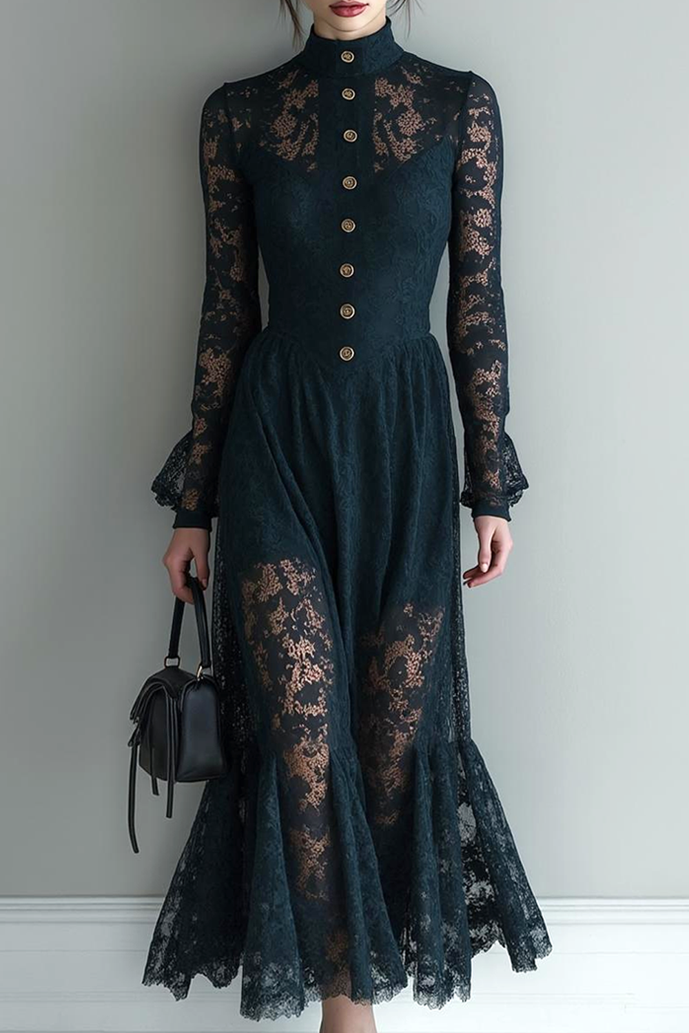 Black Lace High Neck A Line Long Evening Dress with Sleeves