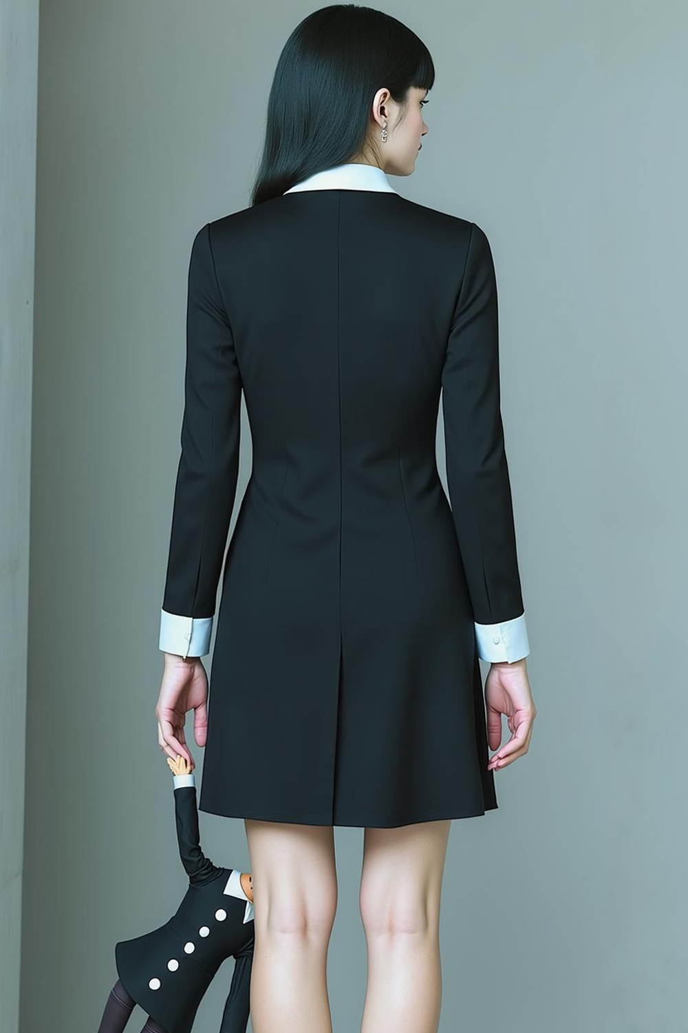 Black White Neck Collar Short Little Black Dress with Sleeves