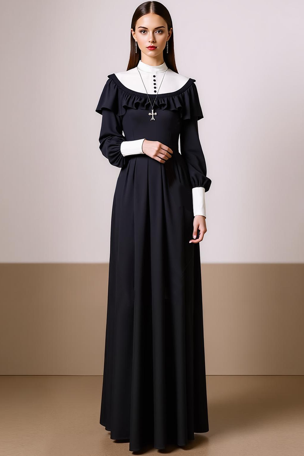 Black White Chiffon Sheath Ruffled Maxi Evening Dress with Sleeves