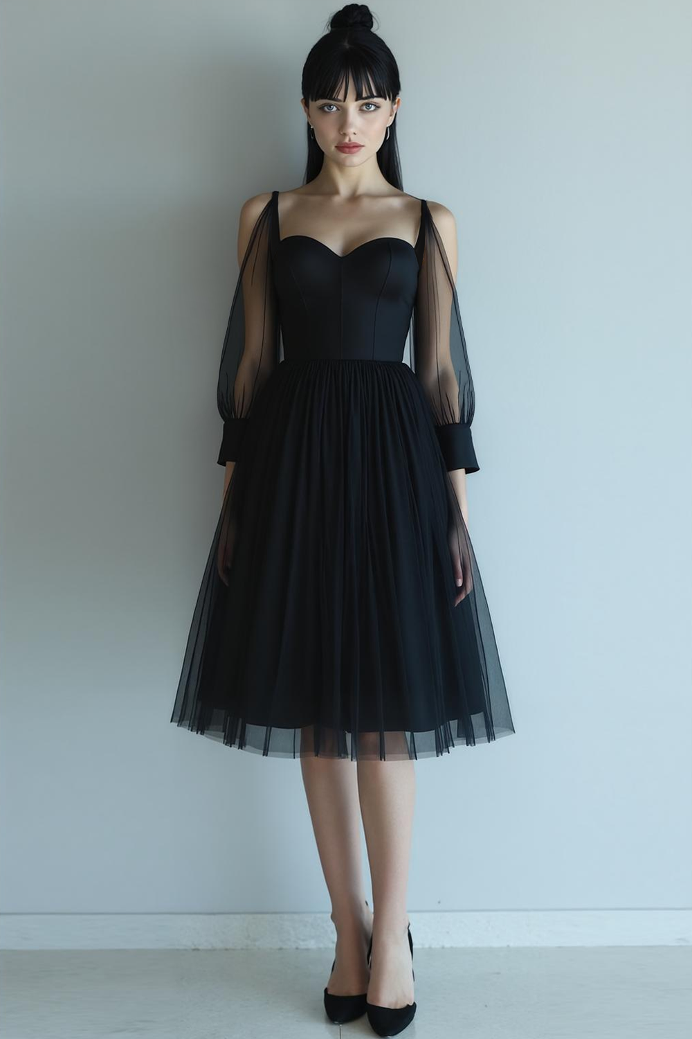 Black Tulle A Line Midi Cocktail Dress with Sleeves