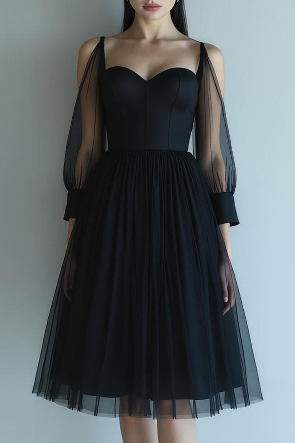 Black Tulle A Line Midi Cocktail Dress with Sleeves