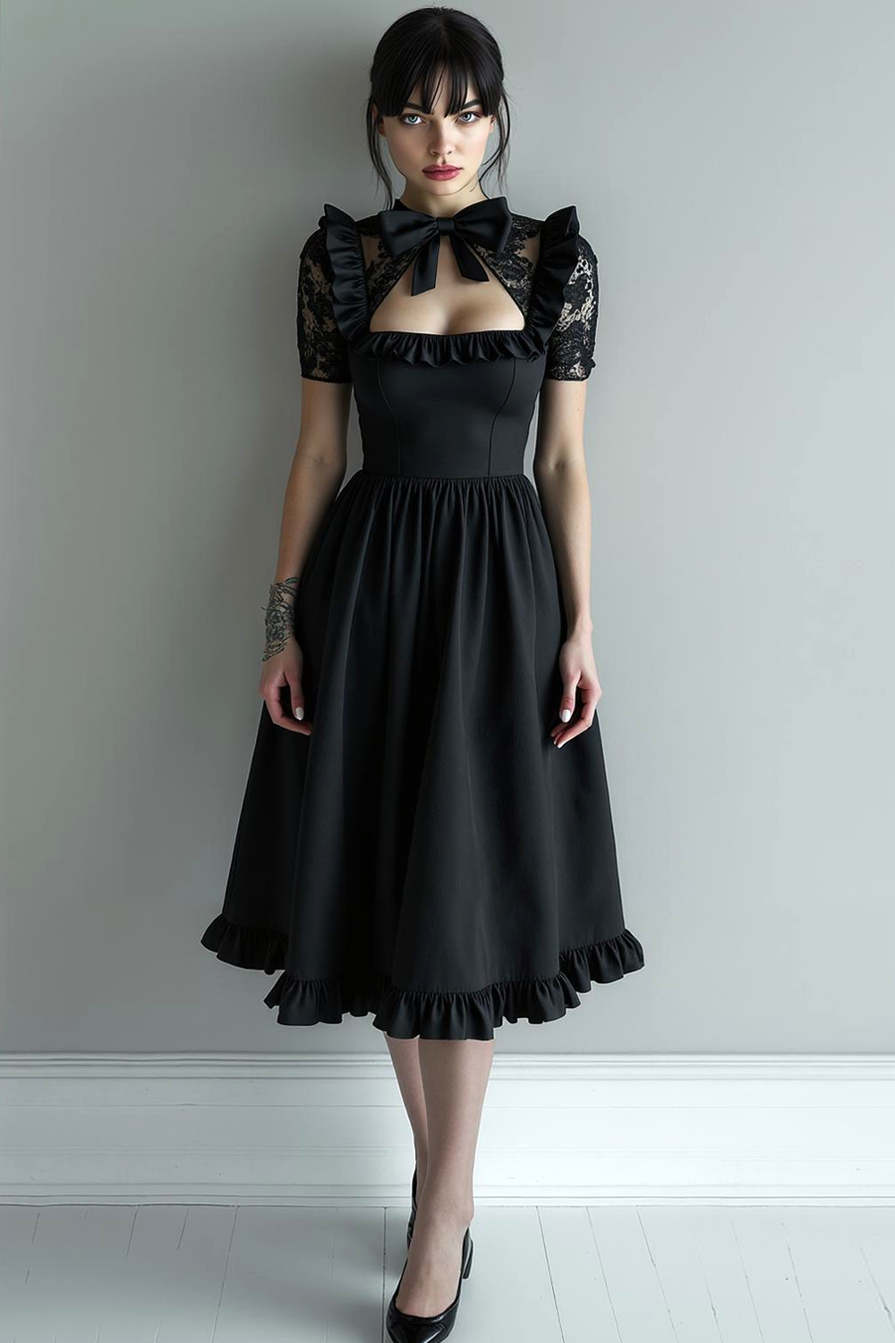 Black Chiffon Keyhole A Line Midi Evening Dress with Bow