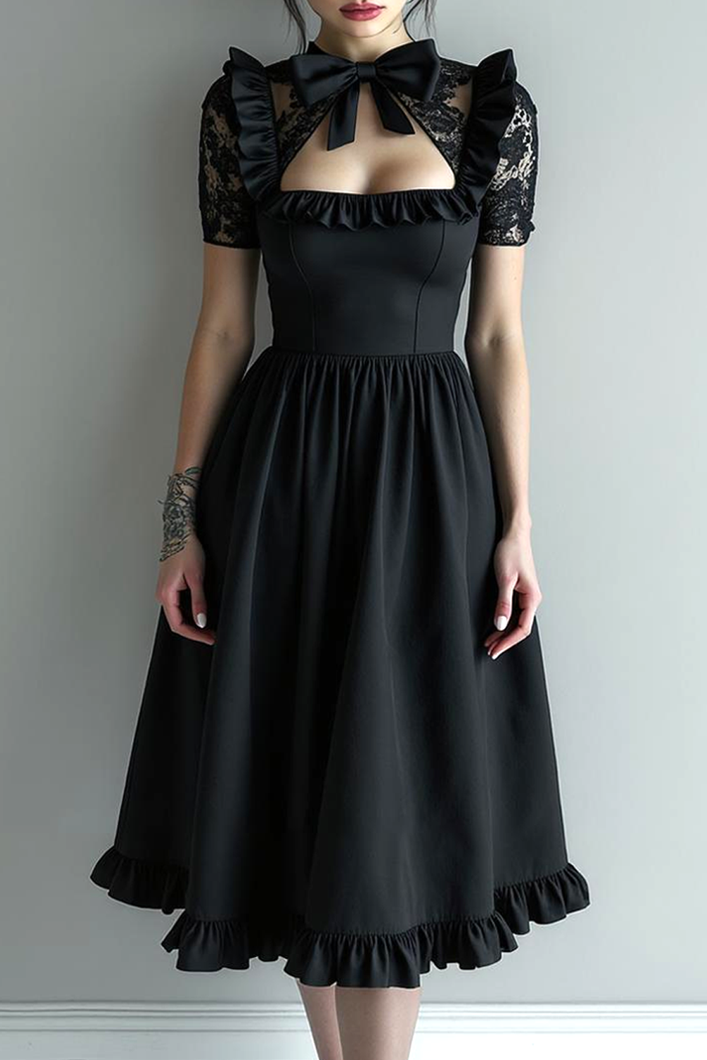 Black Chiffon Keyhole A Line Midi Evening Dress with Bow