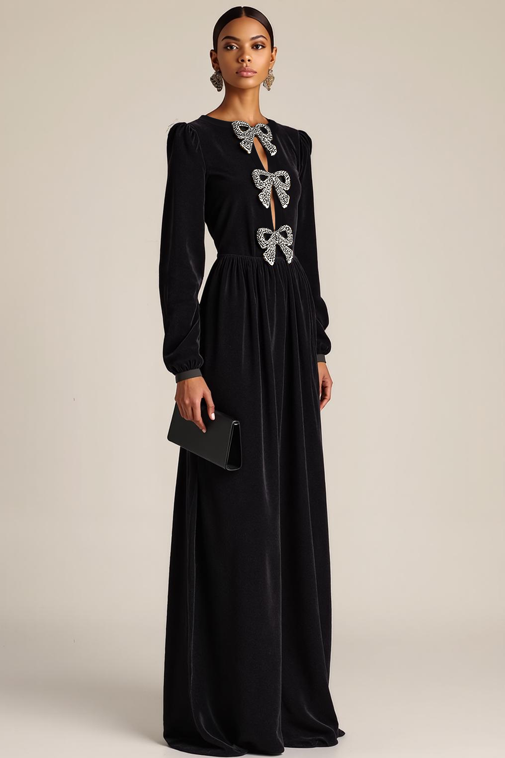 Black Sheath Velvet Keyhole Long Formal Dress with Bows