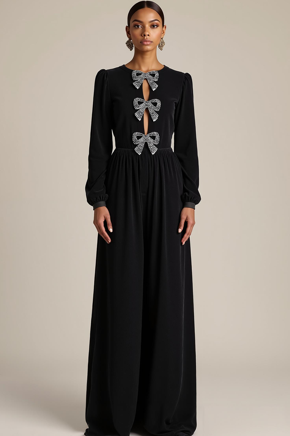 Black Sheath Velvet Keyhole Long Formal Dress with Bows