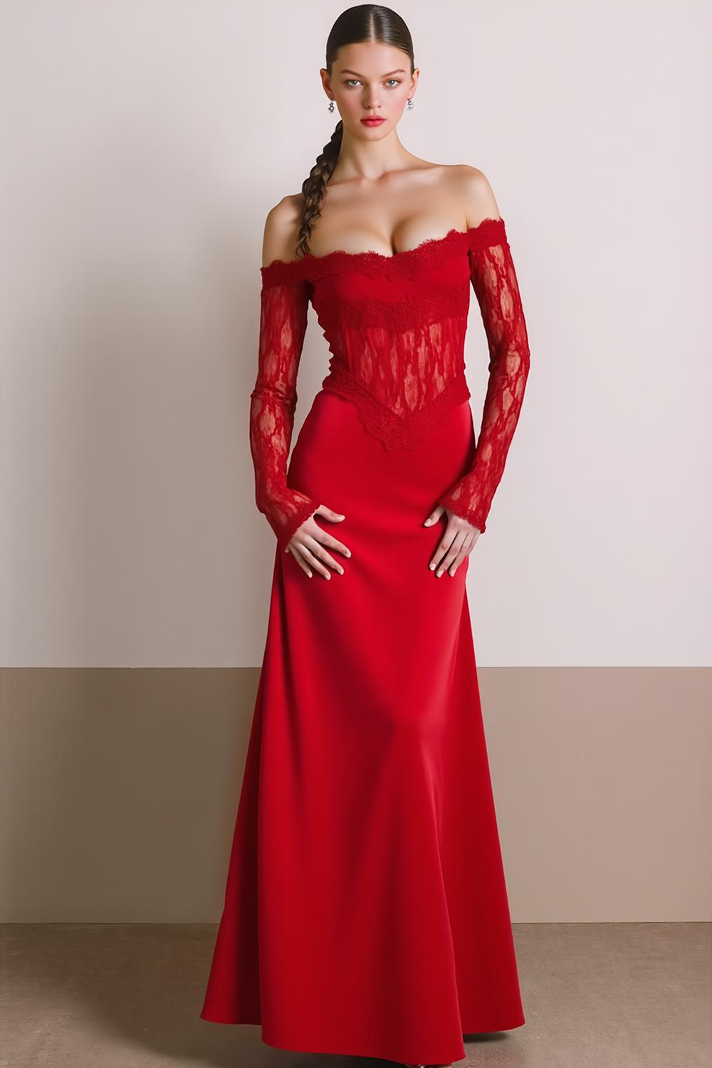 Leely Women Red A Line Long Evening Dress with Lace Off the Shoulder Formal Dress with Sleeves