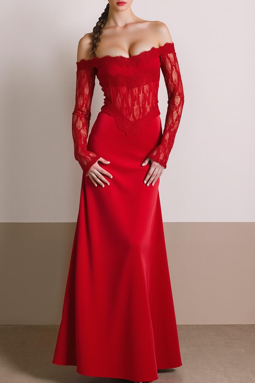 Red A Line Off the Shoulder Long Evening Dress with Lace