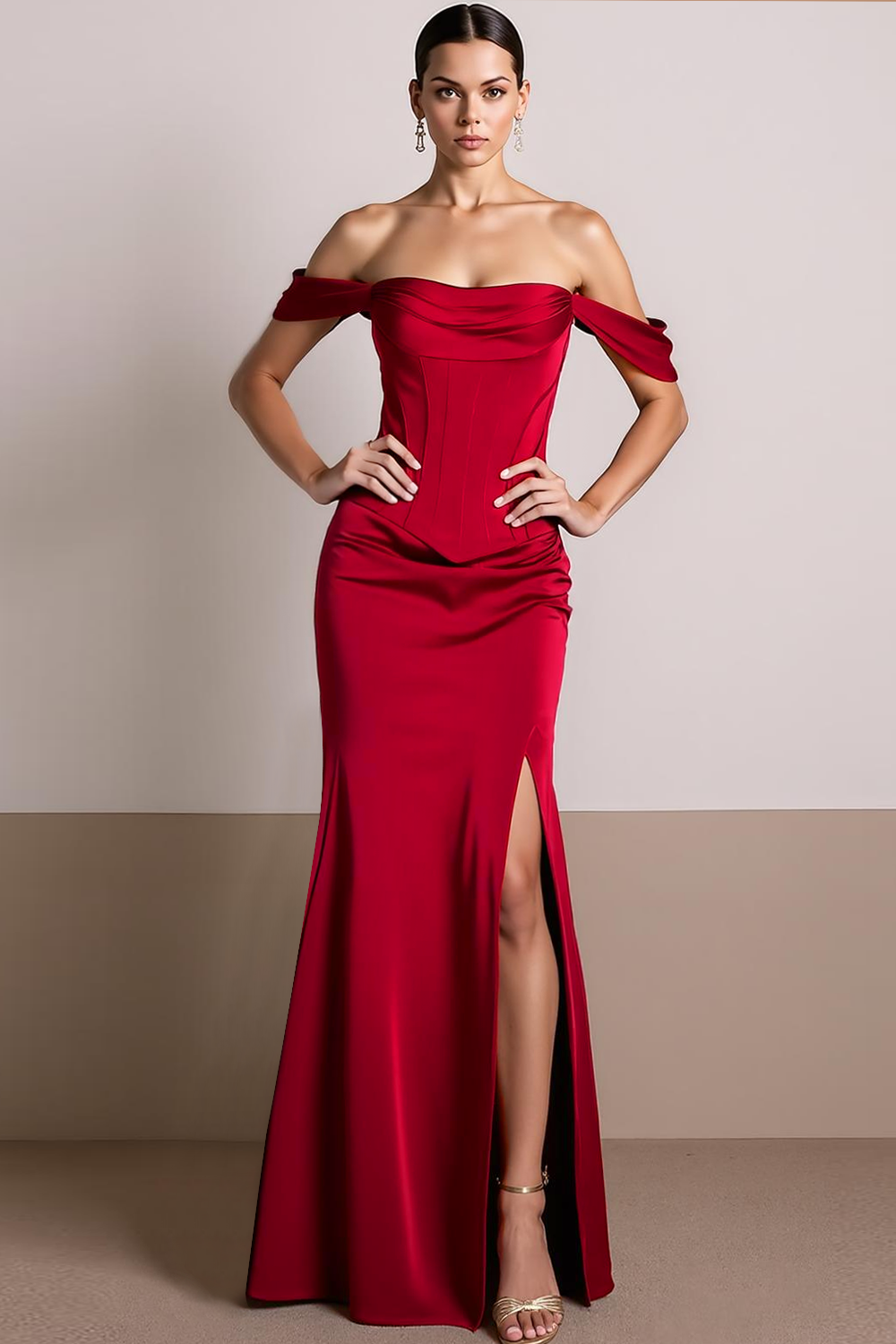 Leely Women Red Corset Satin Long Formal Dress with Slit Mermaid Off the Shoulder Evening Dress