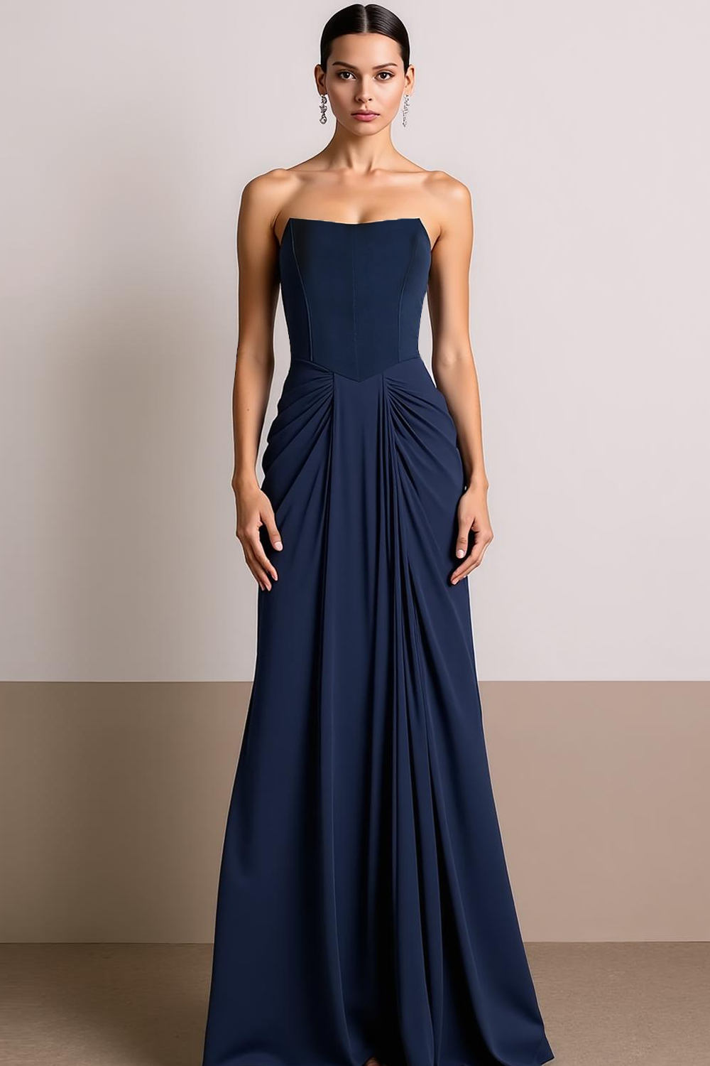 Navy Strapless Drape A Line Maxi Evening Dress