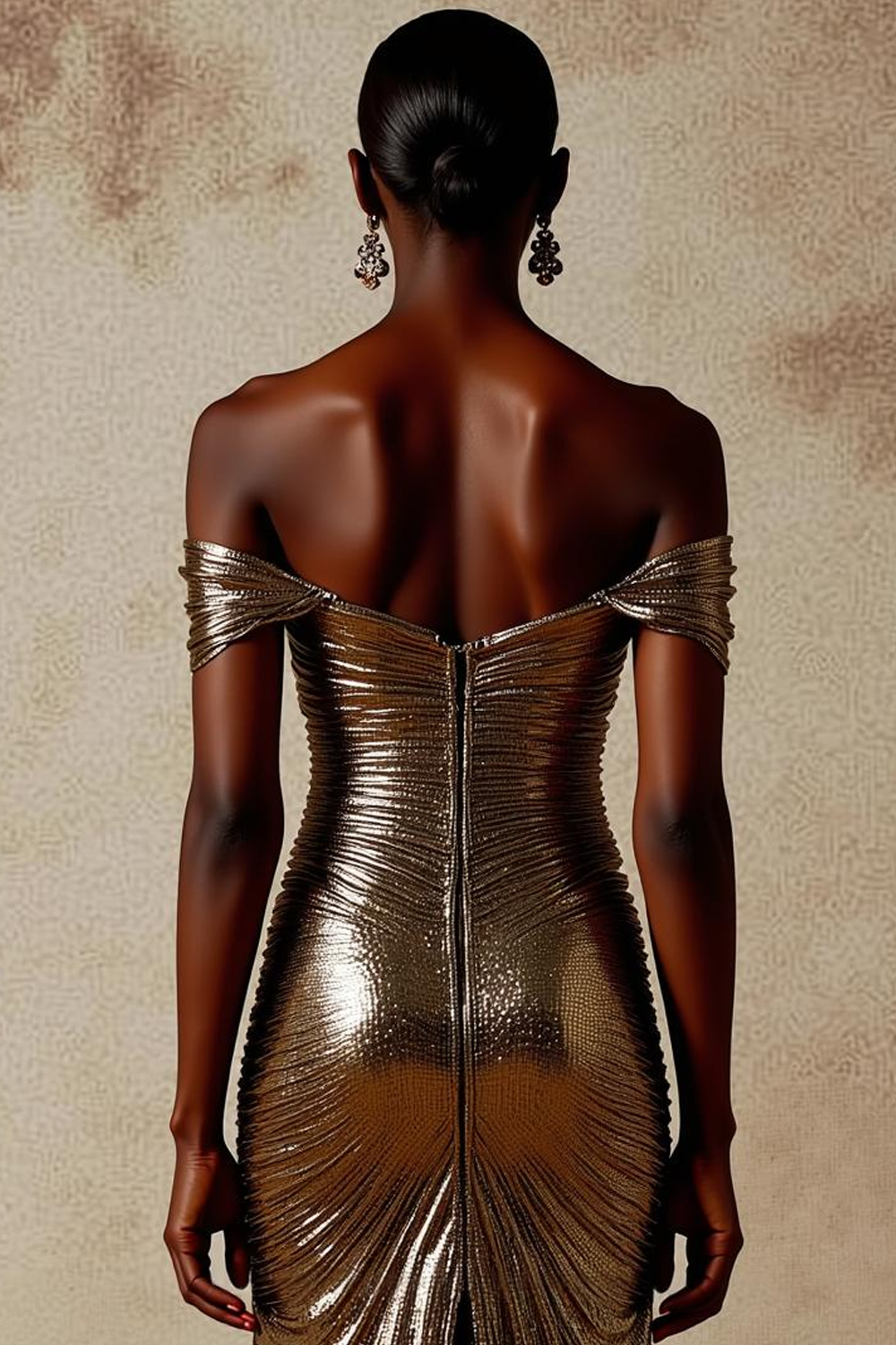 Sparkly Brown Off the Shoulder Drape Sequin Maxi Gala Dress with Slit