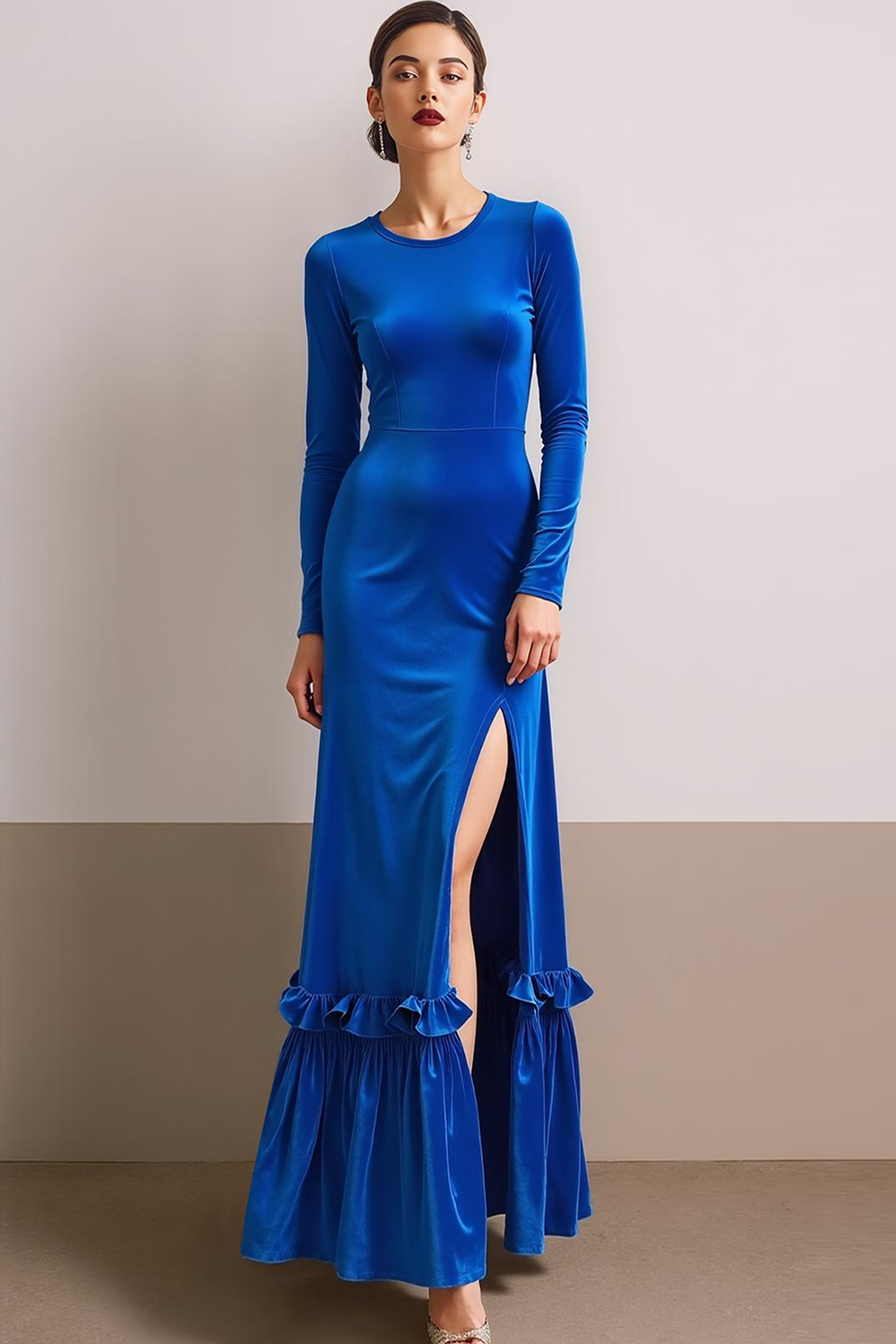 Royal Blue Round Neck Velvet Sheath Long Formal Dress with Slit