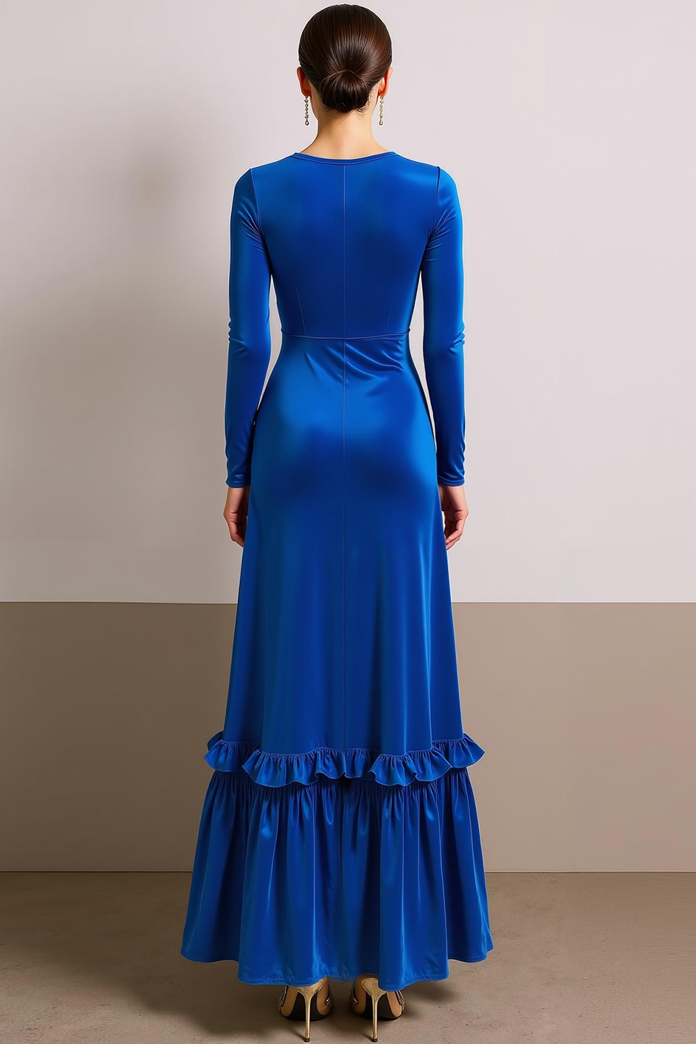 Royal Blue Round Neck Velvet Sheath Long Formal Dress with Slit