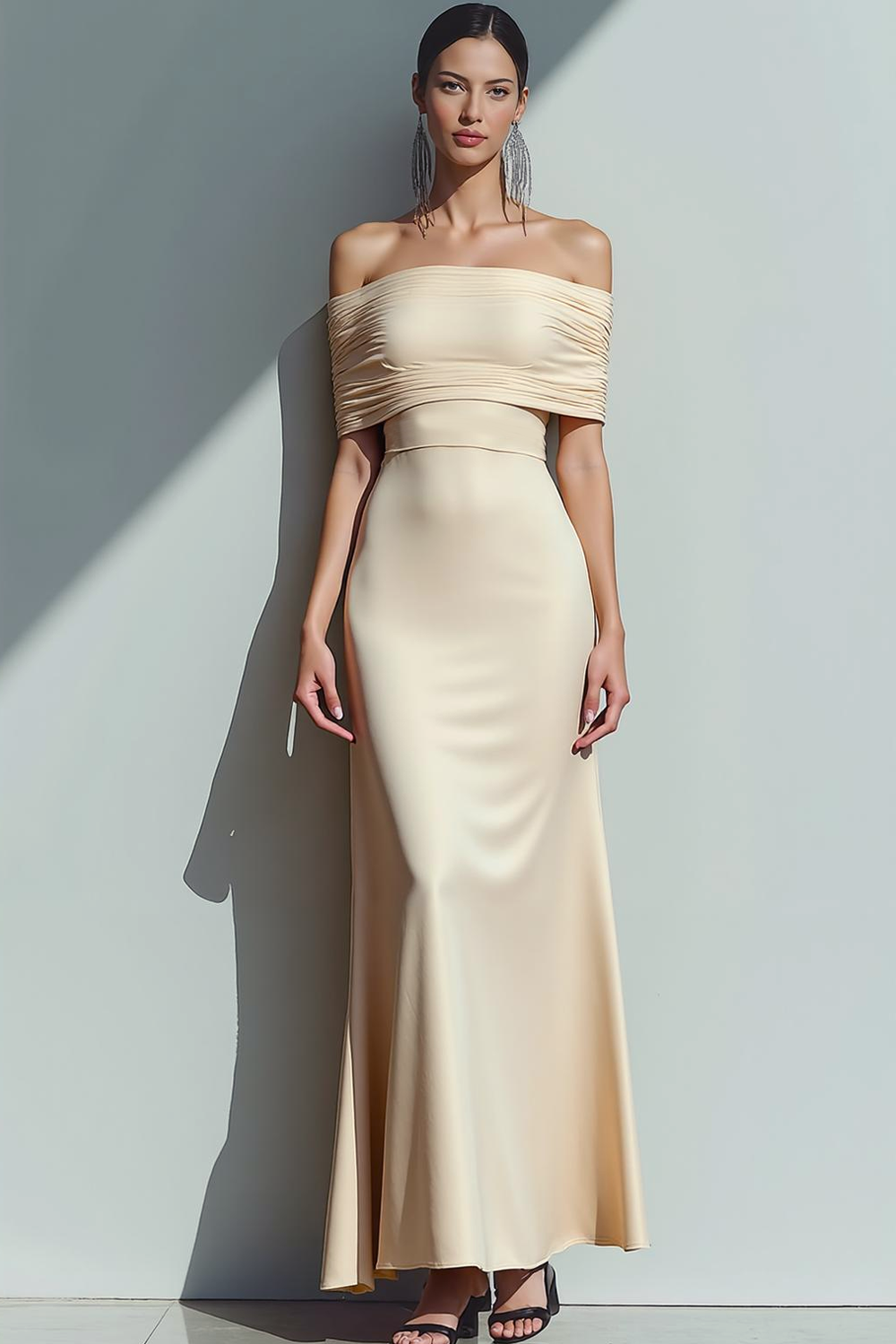Ivory Satin Off the Shoulder Long Evening Dress