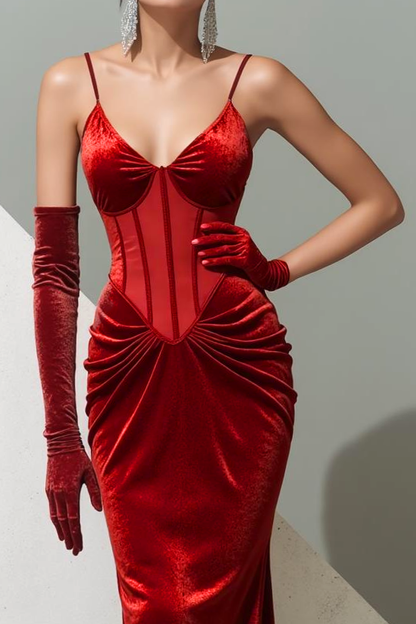 Burgundy Corset Velvet Spaghetti Straps Maxi Evening Dress