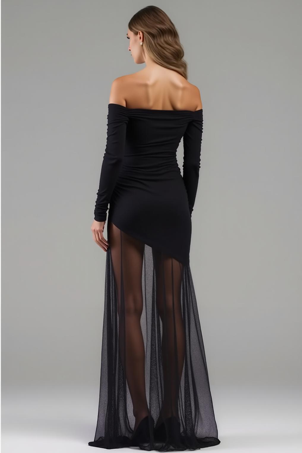 Black Off the Shoulder Chiffon Long Formal Dress with Sleeves