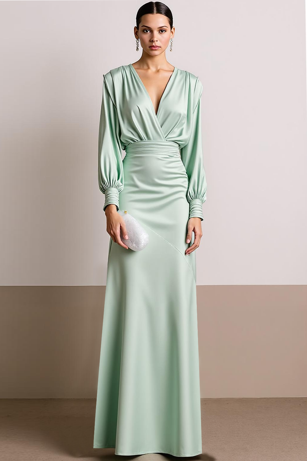 Leely Women Dusty Sage Long Formal Dress with Sleeves V Neck Satin A Line Evening Dress
