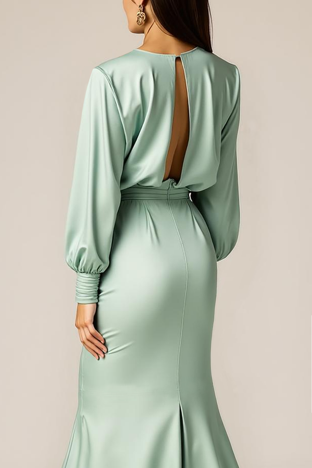 Dusty Sage V Neck Satin Long Formal Dress with Sleeves