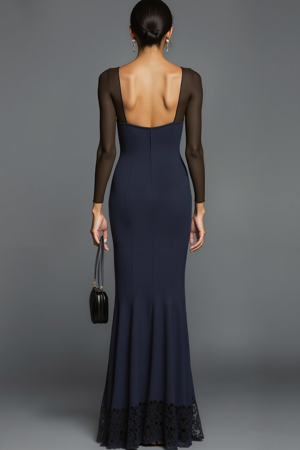 Navy Mermaid V Neck Long Sleeves Formal Dress with Lace