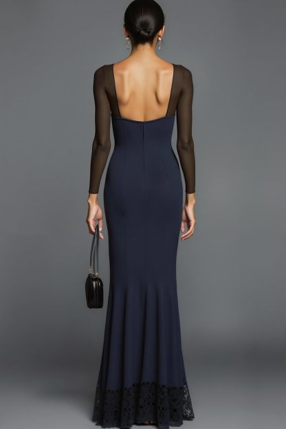 Navy Mermaid V Neck Long Sleeves Formal Dress with Lace