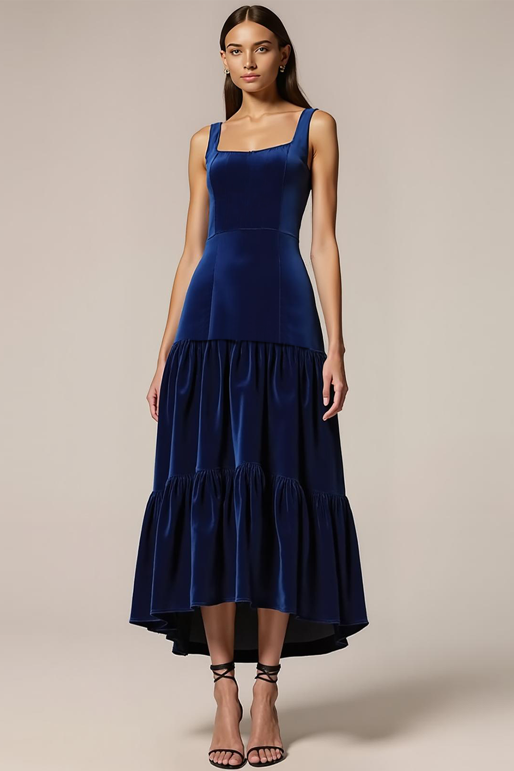 Navy A Line Velvet Thick Straps Long Holiday Party Dress