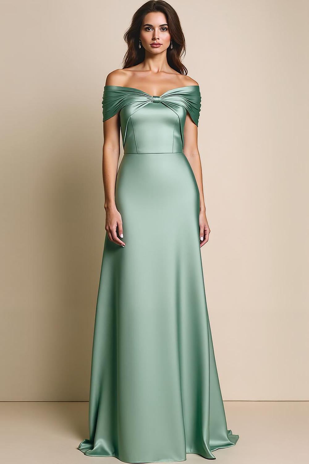 Dusty Sage Satin Off the Shoulder Maxi Wedding Guest Dress