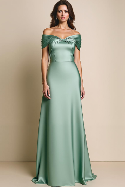Leely Women Dusty Sage Satin Maxi Wedding Guest Dress A Line Off the Shoulder Wedding Party Dress