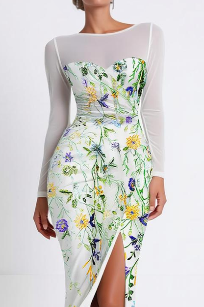 Green Floral Boat Neck Chiffon Maxi Evening Dress with Slit