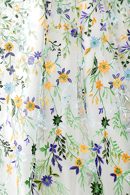 Green Floral Boat Neck Chiffon Maxi Evening Dress with Slit