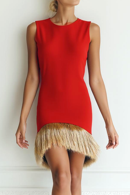 Red Round Neck Bodycon Short Cocktail Dress with Feather