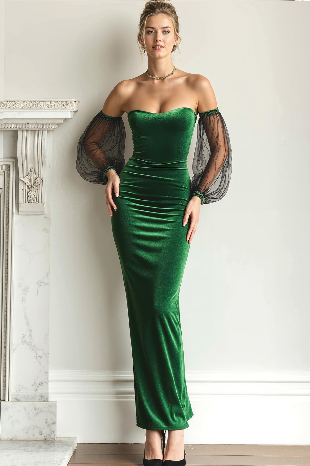 Leely Women Emerald Green Velvet Strapless Maxi Holiday Party Dress Mermaid Tulle Evening Dress with Sleeves