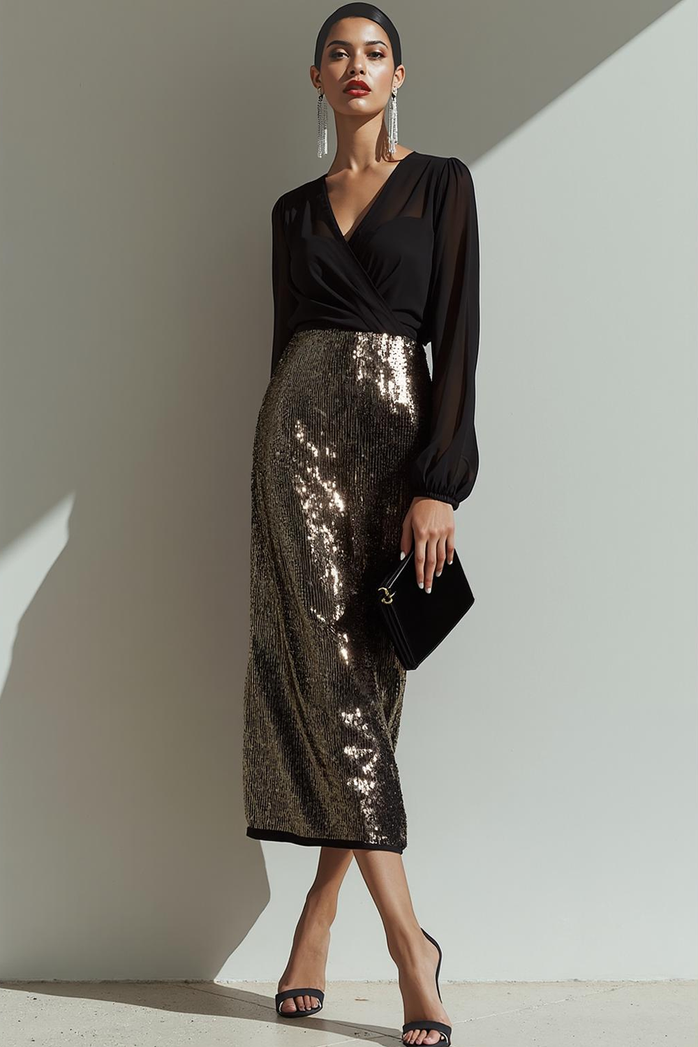 Leely Women Sparkly Sequin Black Sheath Maxi Evening Dress Ruched V-Neck Formal Dress with Sleeves