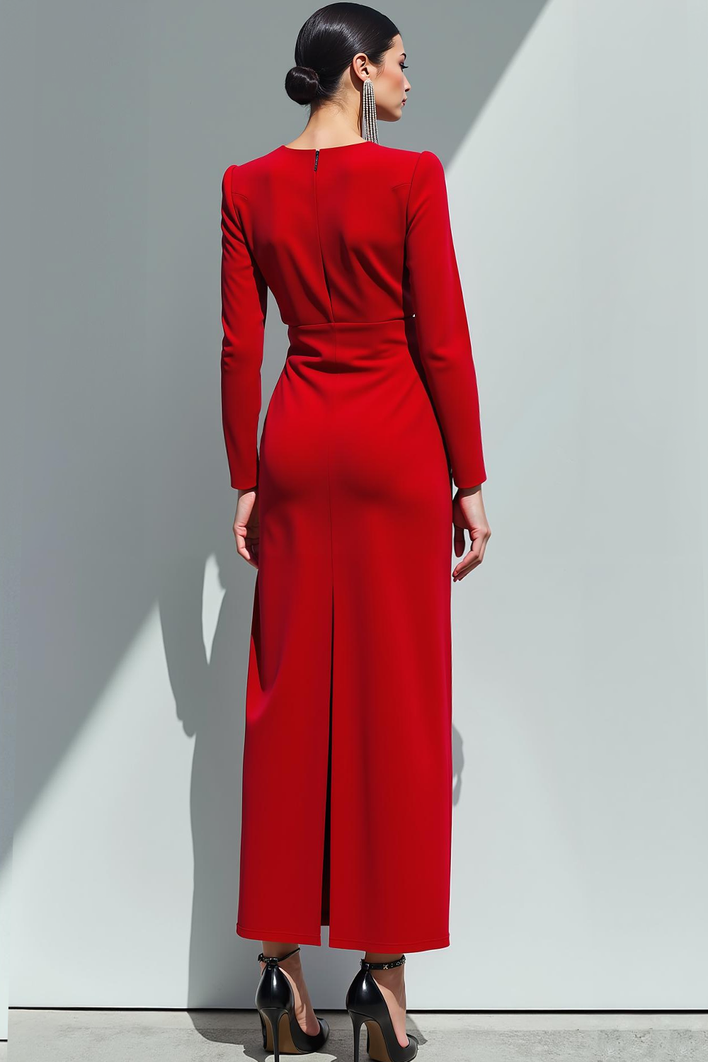Red Sheath Keyhole Round Neck Maxi Formal Dress with Slit