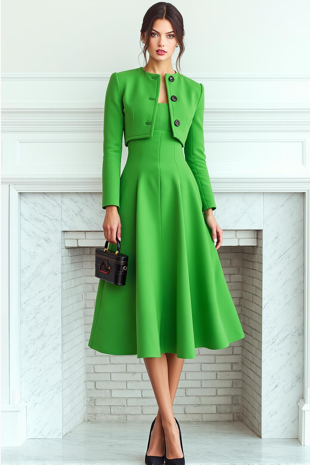 Fluorescent Green 2 Piece A Line Midi Business Suits