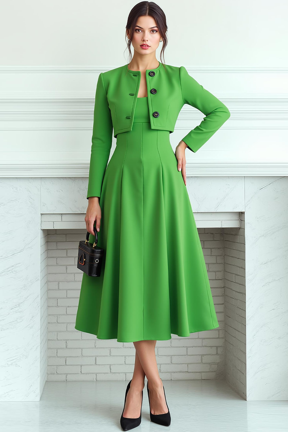 Fluorescent Green 2 Piece A Line Midi Business Suits