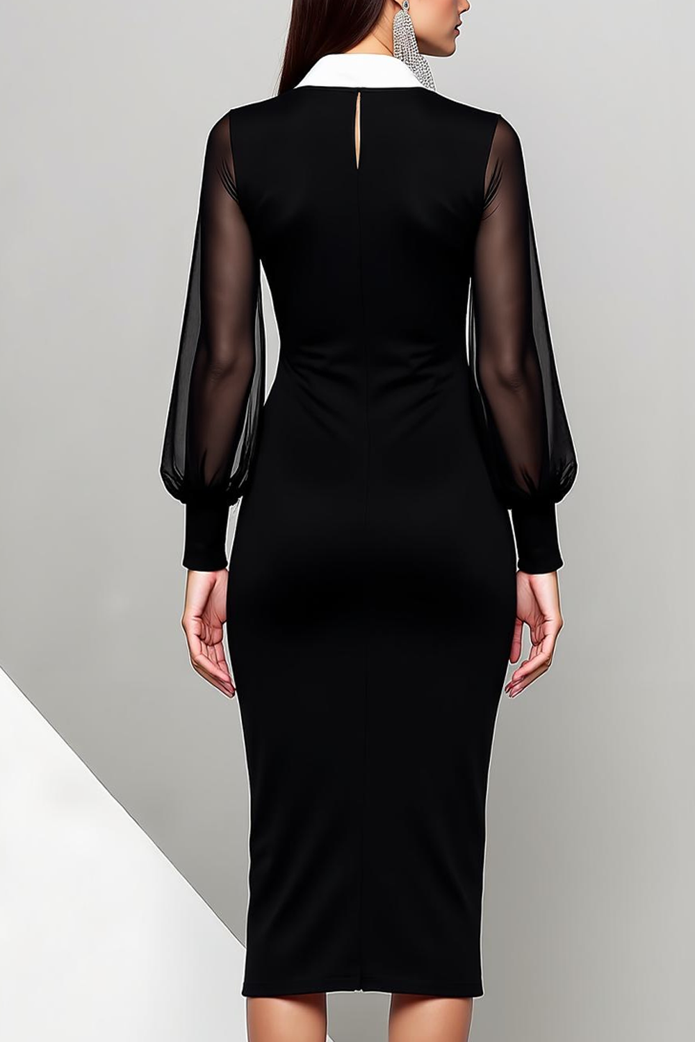 Black Chiffon Neck Collar Sheath Midi Evening Dress with Sleeves