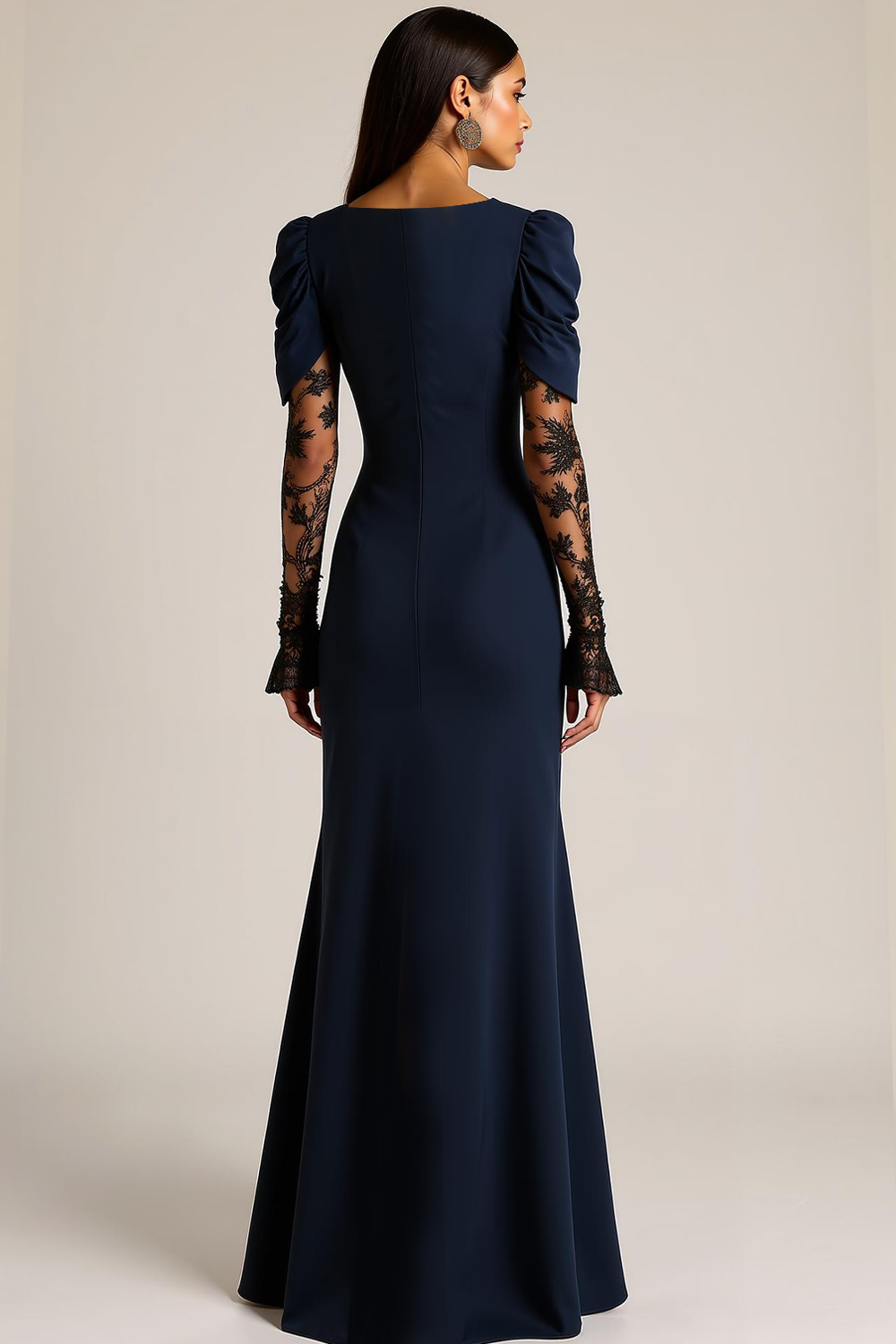 Navy Mermaid Lace V-Neck Maxi Evening Dress with Slit