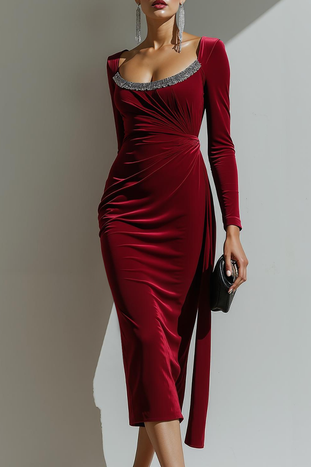Purple Sheath Ruched Velvet Midi Evening Dress with Sleeves